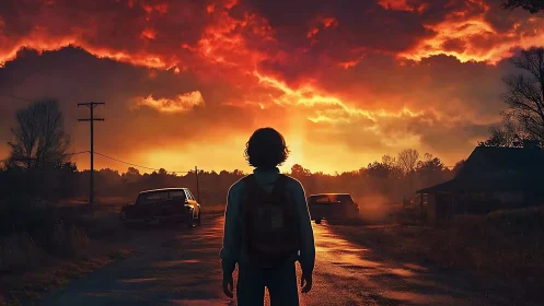 Backlit child on deserted rural road under burning storm sky