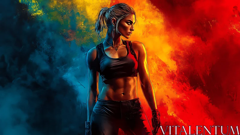 Athletic female figure against dual color smoke field.