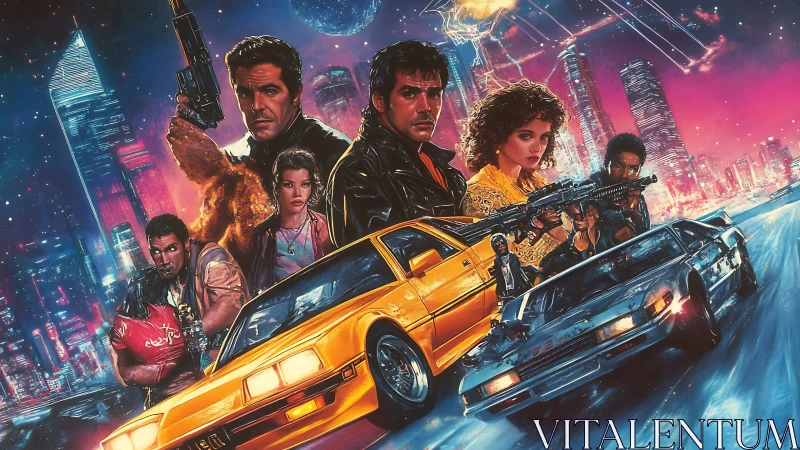 Neon-soaked vigilantes and turbo cars in retro skyline poster.