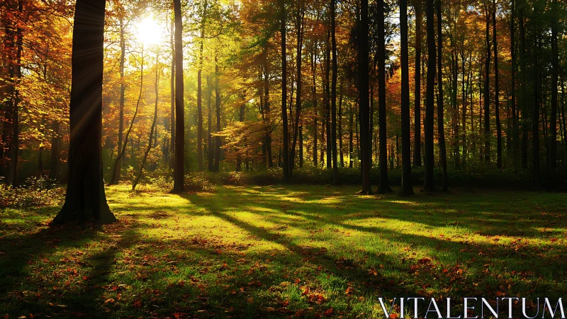 Sunlit Forest Clearing with Golden Autumn Light.