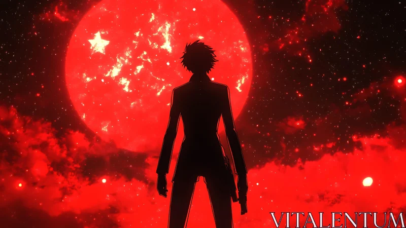 Silhouetted anime figure confronts a colossal crimson moon
