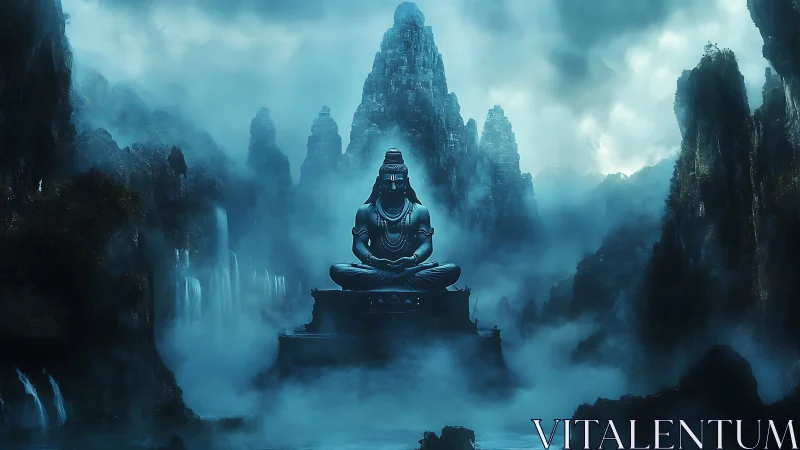 Mystic mountain deity statue in misty blue canyonscape.
