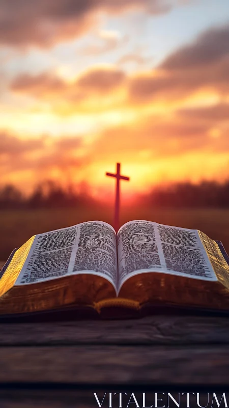 Open Bible on wooden table before glowing sunset cross.