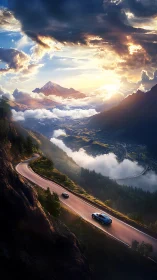 Cinematic alpine highway with luminous sunset gradients.