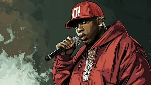 Digital portrait of rap performer in red streetwear gear.