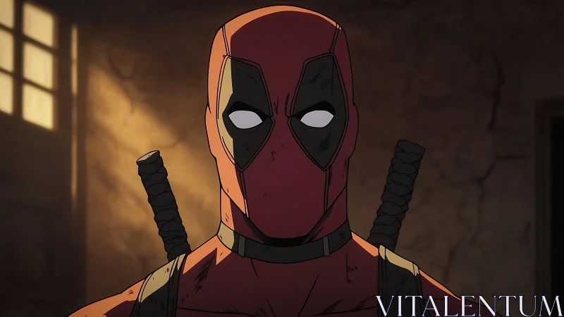 Masked figure with twin swords stands in dim interior space