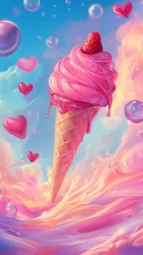 Ice cream cone with strawberry topping in surreal pink landscape composition.