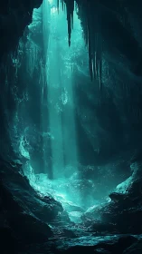 Vertical cavern shaft lit by volumetric teal subsurface glow