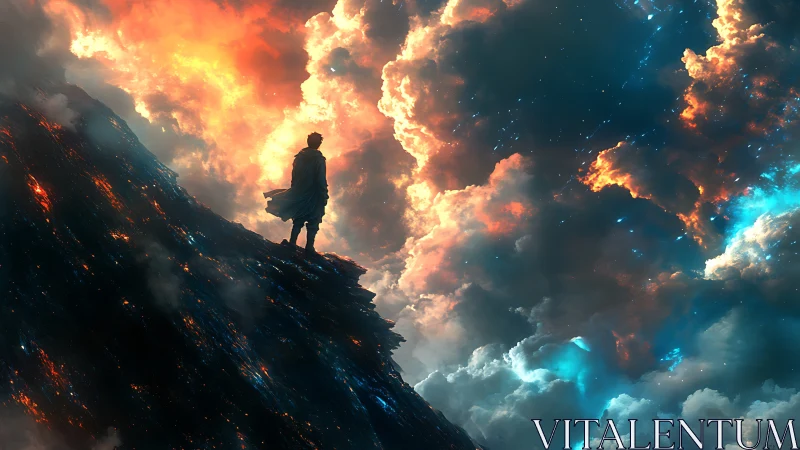 Solitary figure on rocky ridge against luminous clouds.