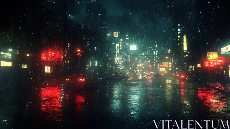 Neon-saturated rainy boulevard with reflective wet asphalt surfaces.