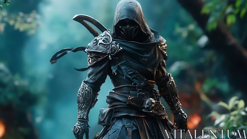 Hooded armored figure stands in detailed fantasy forest