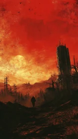 Lone figure crossing red wasteland toward ruined tower.