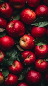 Red apples with green leaves in dense overhead arrangement.