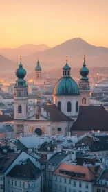 Copper domes drift in apricot dawn above a hushed city.