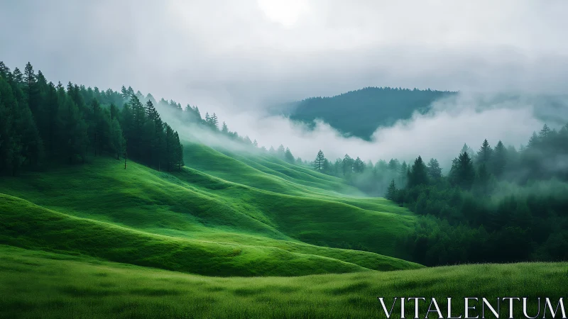 Emerald hillside valley under fog with soft diffused daylight.