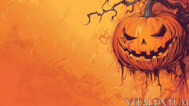 Sinister jack o lantern on gnarled branch, dripping shadows.