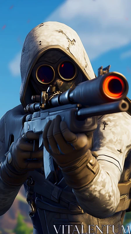 Hooded sniper character levels rifle in vivid game world.