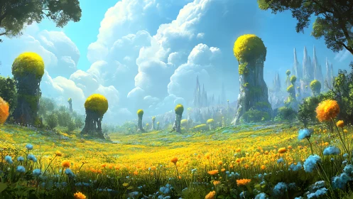 Luminescent alien meadow extends toward distant crystal spires