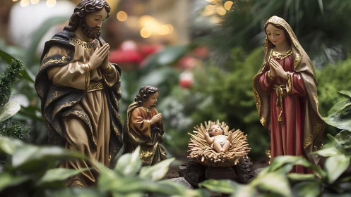 Nativity figurines honor the newborn child in a lush garden
