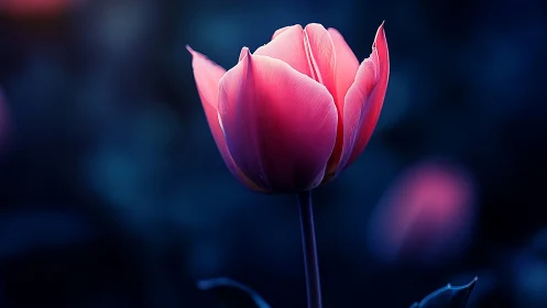 Pink Tulip Glows Against the Deep Blue Night.