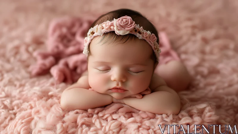 Sleeping newborn girl with pink floral headband on textured fabric.