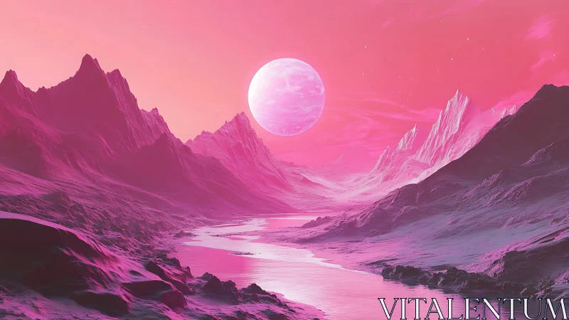 Pink alien canyon landscape under large glowing planet.