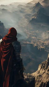 Armored sentinel surveying stratified canyon megastructure.