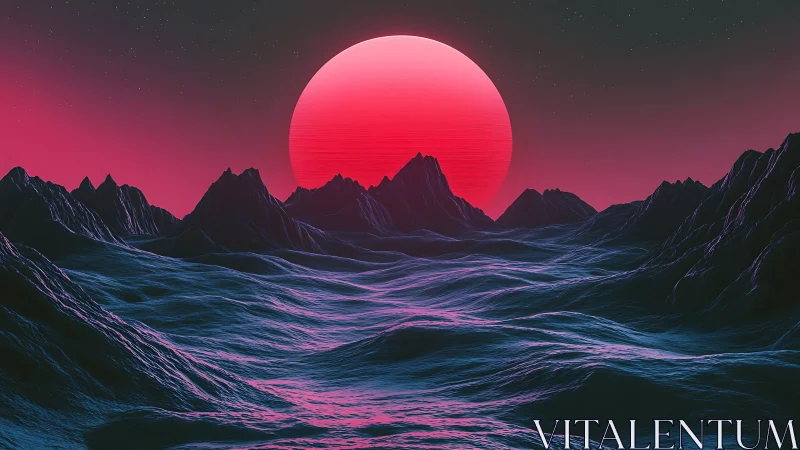 Dreamy neon sunset over surreal cosmic mountainscape.