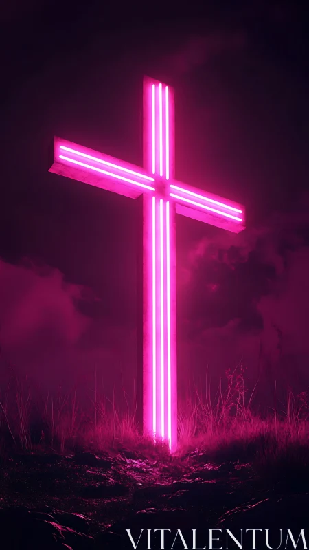 Glowing neon cross stands bright against a quiet night sky