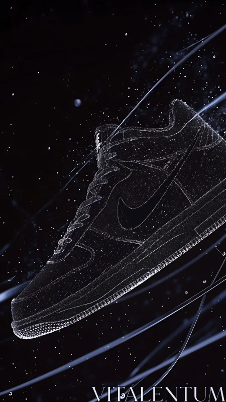 Sneaker rendered as wireframe outline in floating particle field