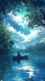 Solitary rowboat under luminous sky on tranquil river.