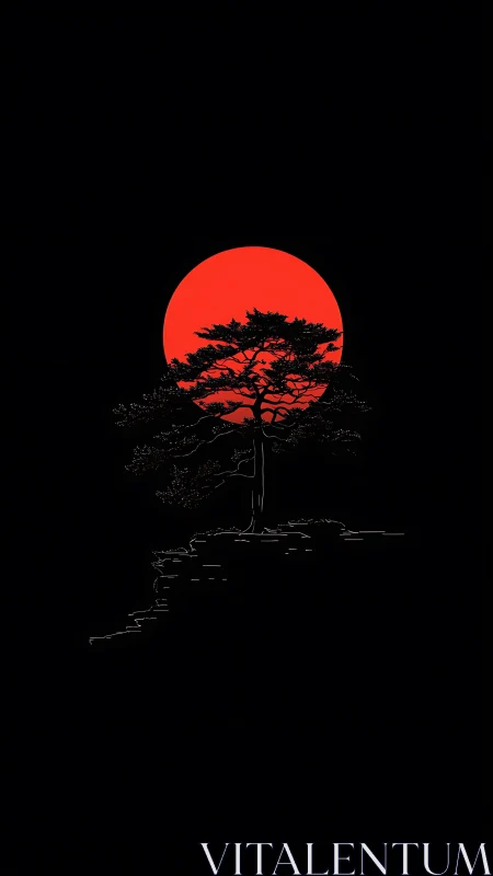 Silhouetted tree stands before a circular red sun backdrop