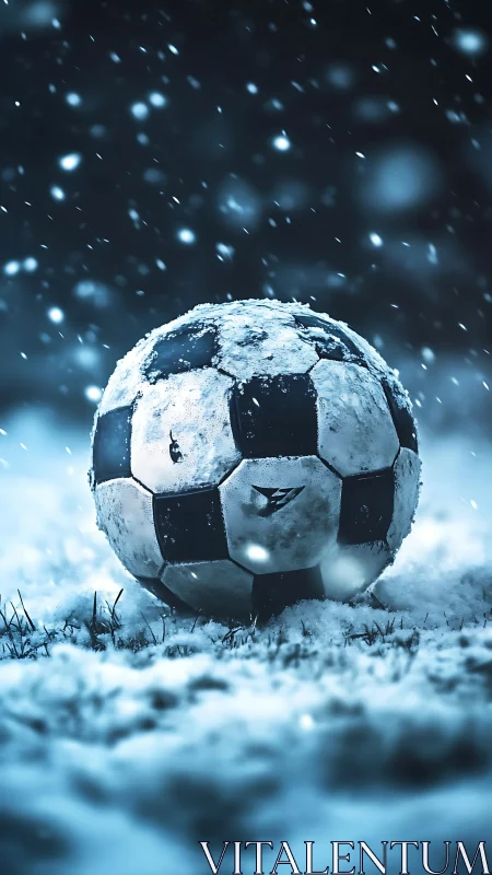 Snow-covered soccer ball rests on frozen grass during snowfall