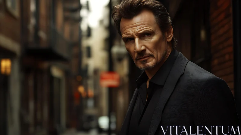 Middle-aged man in dark suit stands in narrow urban alley