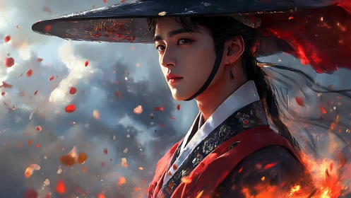 Portrait depicts robed figure in hat amid embers and petals