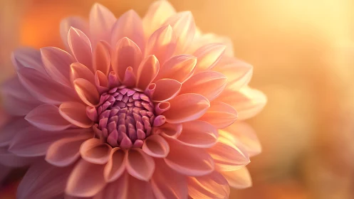 Coral Dahlia Bloom with Soft Golden Hour Backdrop.