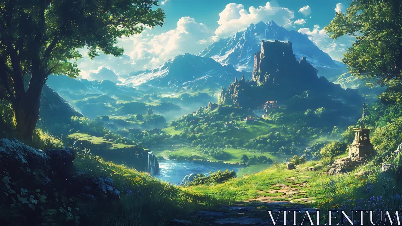 Fantasy valley landscape with castle and mountains panorama.