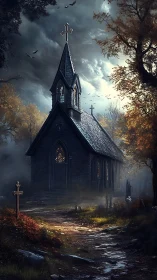 Quiet country chapel rests under storm-touched autumn sky