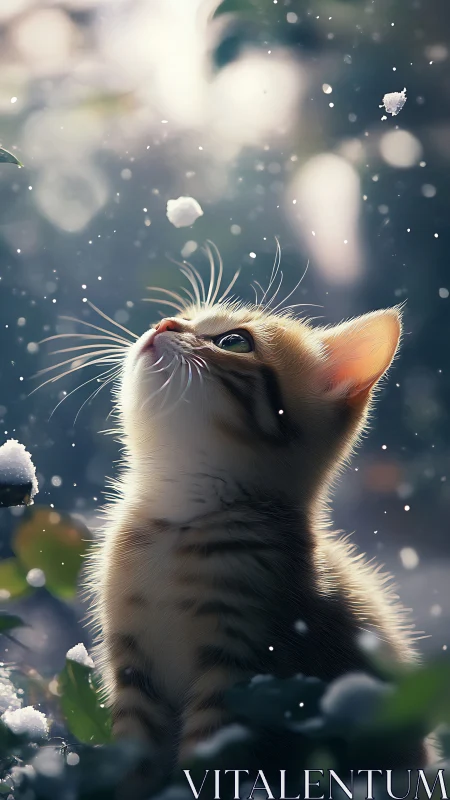 Kitten Gazes Upward at Falling Snow.