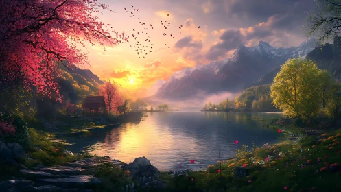 Golden lake sunset cradled by blooming mountainside calm.