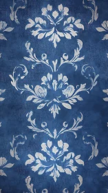 Blue damask pattern with white floral ornamental motifs.