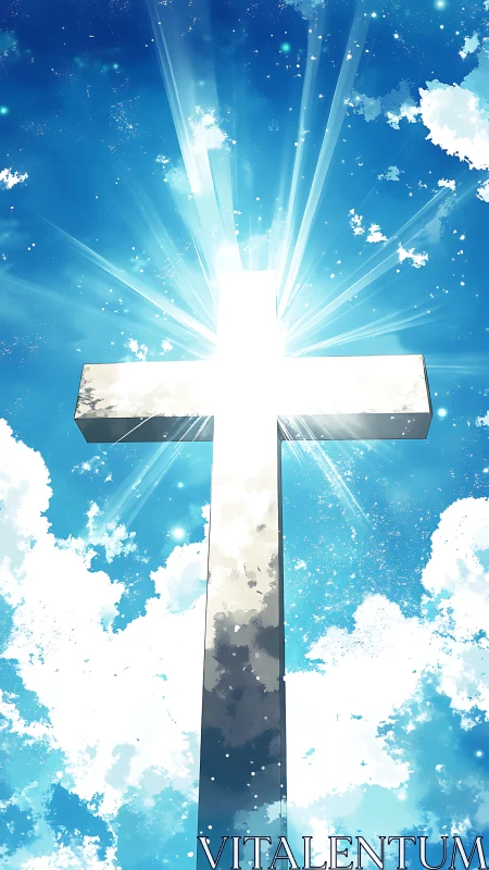 Radiant metallic cross ascends into luminous celestial sky