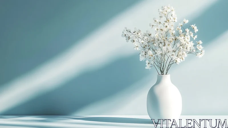 Minimalist white ceramic vessel with delicate dried floral arrangement against directional light