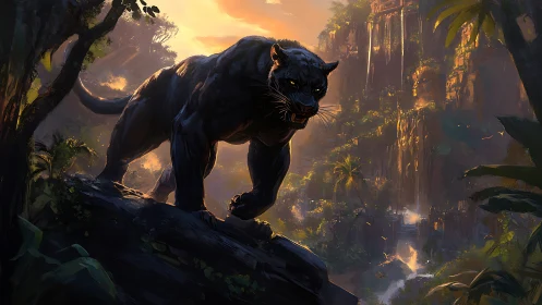 Onyx Panther Stalking Ancient Ravine Valley at Dusk.