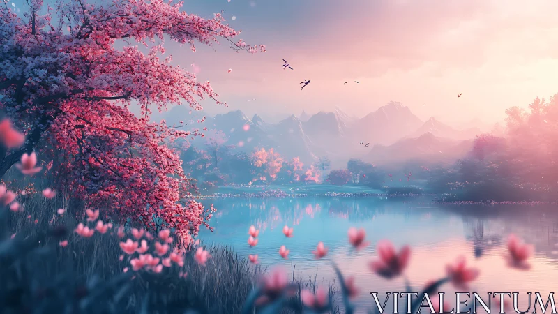 Dreamy lakeside blossoms beneath soft pastel mountains.