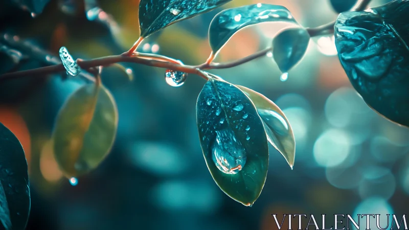 Close-up of rain-soaked green leaves with soft bokeh light.