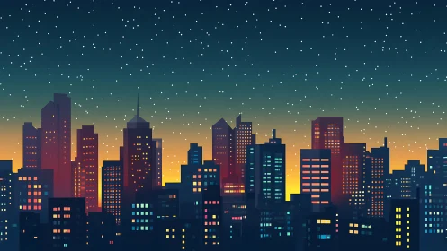 Digital skyline at dusk with illuminated urban high-rises.