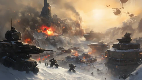 Snowbound sci fi battlefield glowing under fierce sunset.