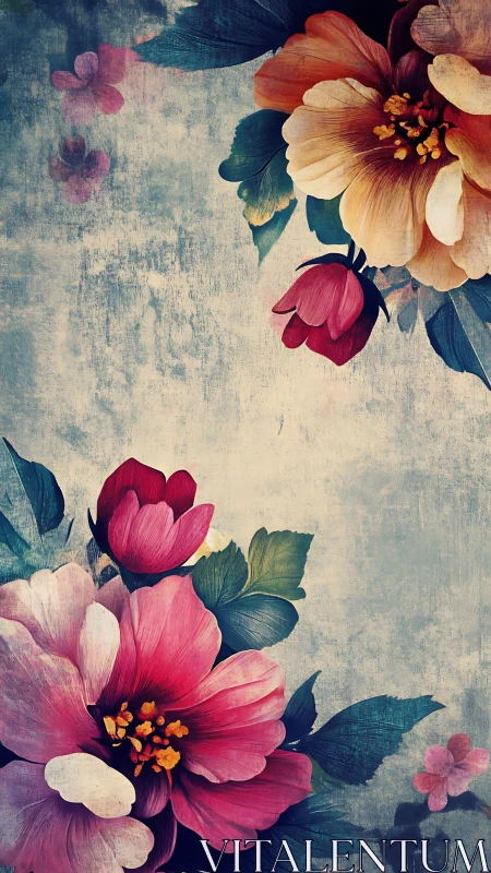 Composite floral study with layered botanical forms on distressed surface.