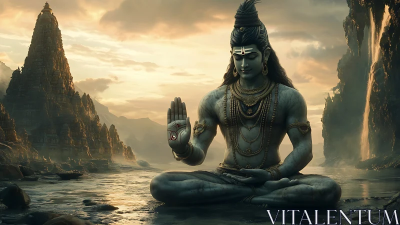 Serene river meditation with divine figure at dusk.